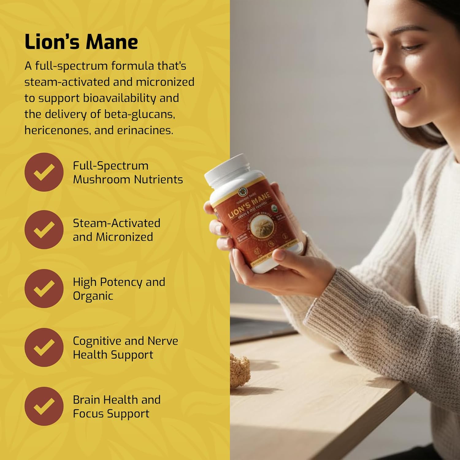 Medicinal Foods Lion’s Mane Capsules Dietary Supplement | Full Spectrum Highest Potency, Organic Steam-Activated, Brain, Gut, & Focus Support, Adaptogenic Wellness, Vegan, Gluten-Free, Non-GMO