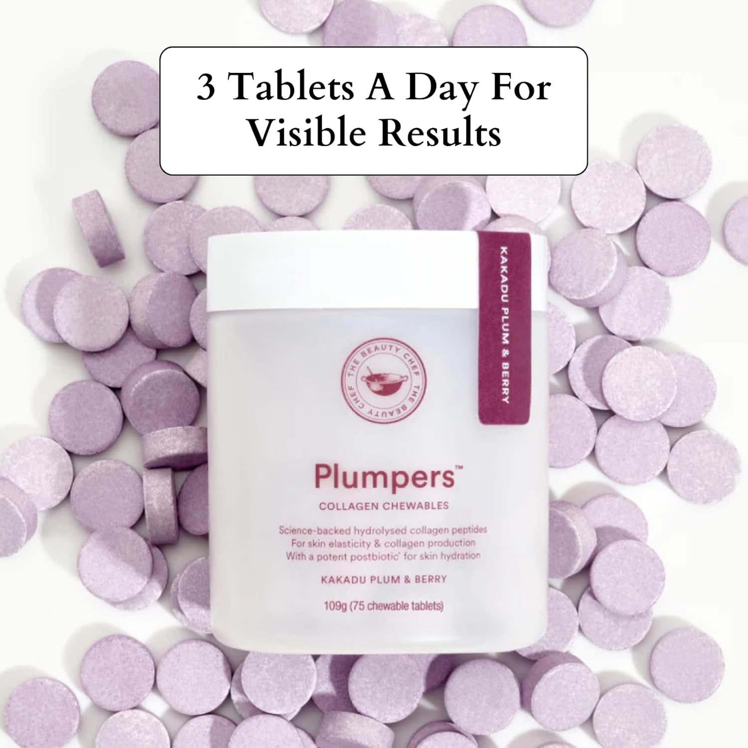 The Beauty Chef Plumpers™ Collagen Chewable Tablets with Hyaluronic Acid & Postbiotic, Supports Skin Elasticity & Collagen, Women's Multivitamin, Collagen Peptides, 75 Tablets