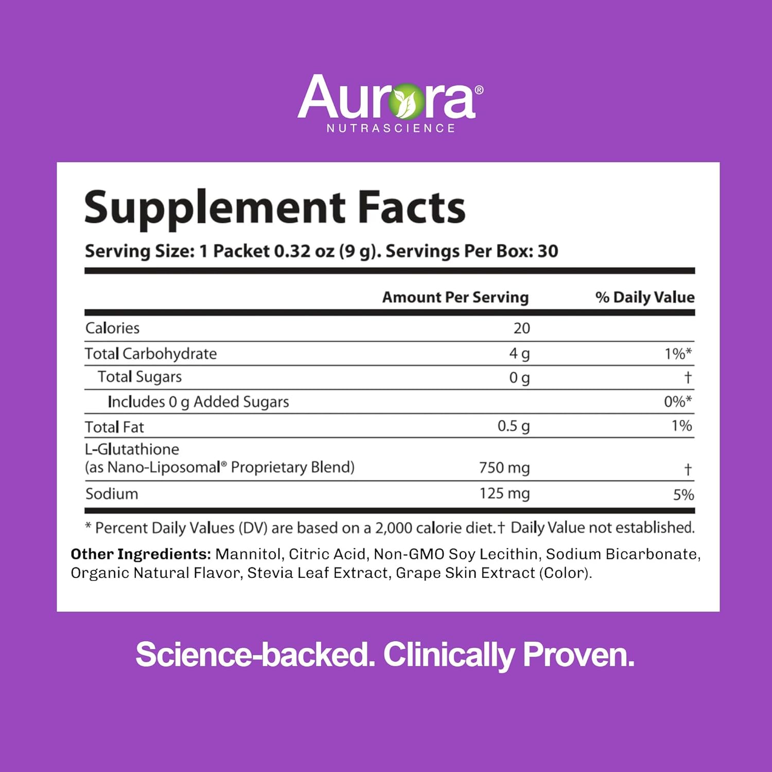 Aurora Nutrascience Nano-Liposomal Glutathione, Grape Powdered Drink Mix Immune & Antioxidant Gut Health Support Supplement, 750 mg per Serving, Non-GMO, Sugar-Free, 10 Single Serve Packets