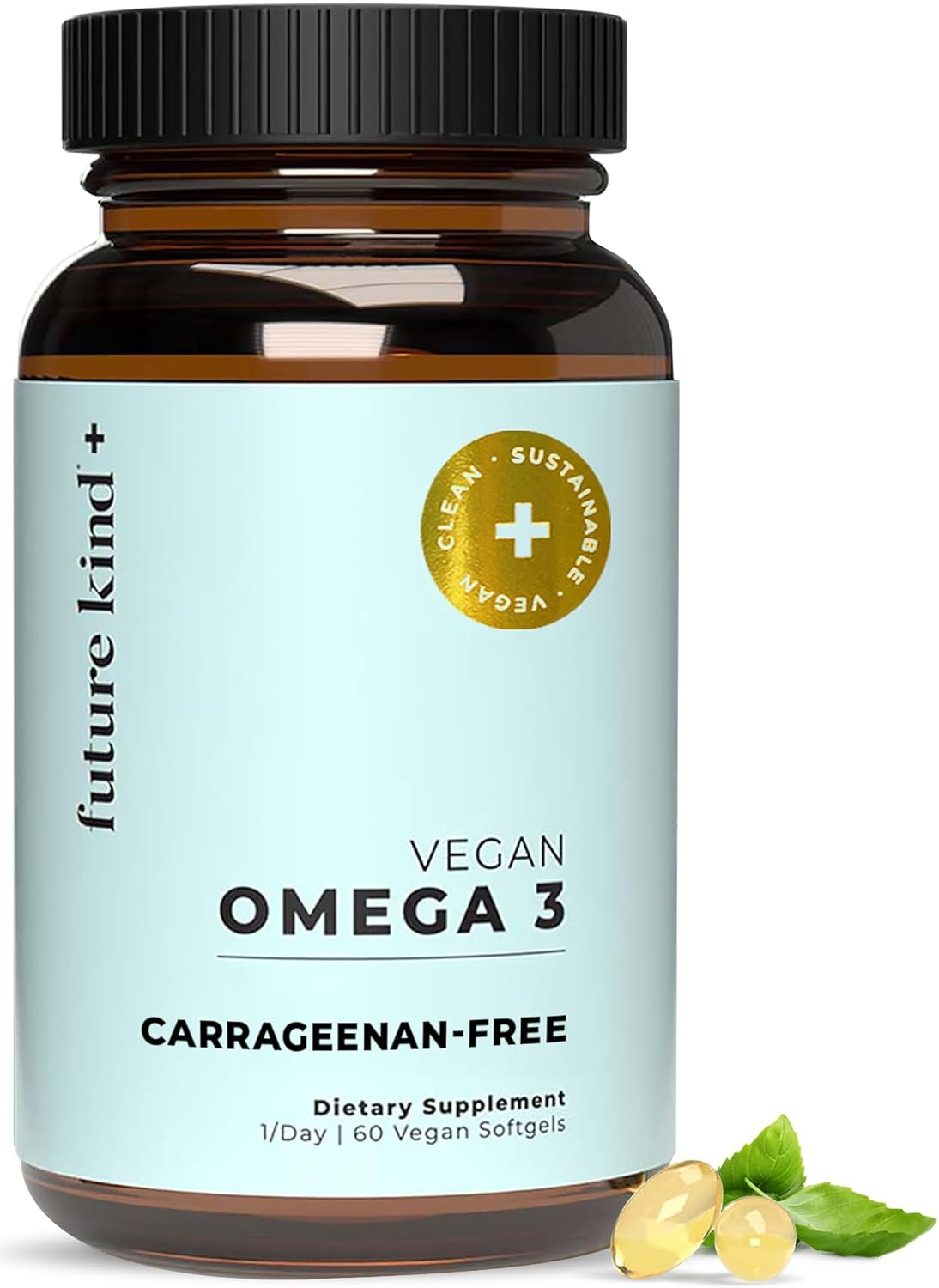 Future Kind Vegan Omega 3 Supplement - Glass Bottle, Carrageenan-Free Algae, DHA & EPA for Joint & Mood Support - 2 Month Supply for Kids & Adults