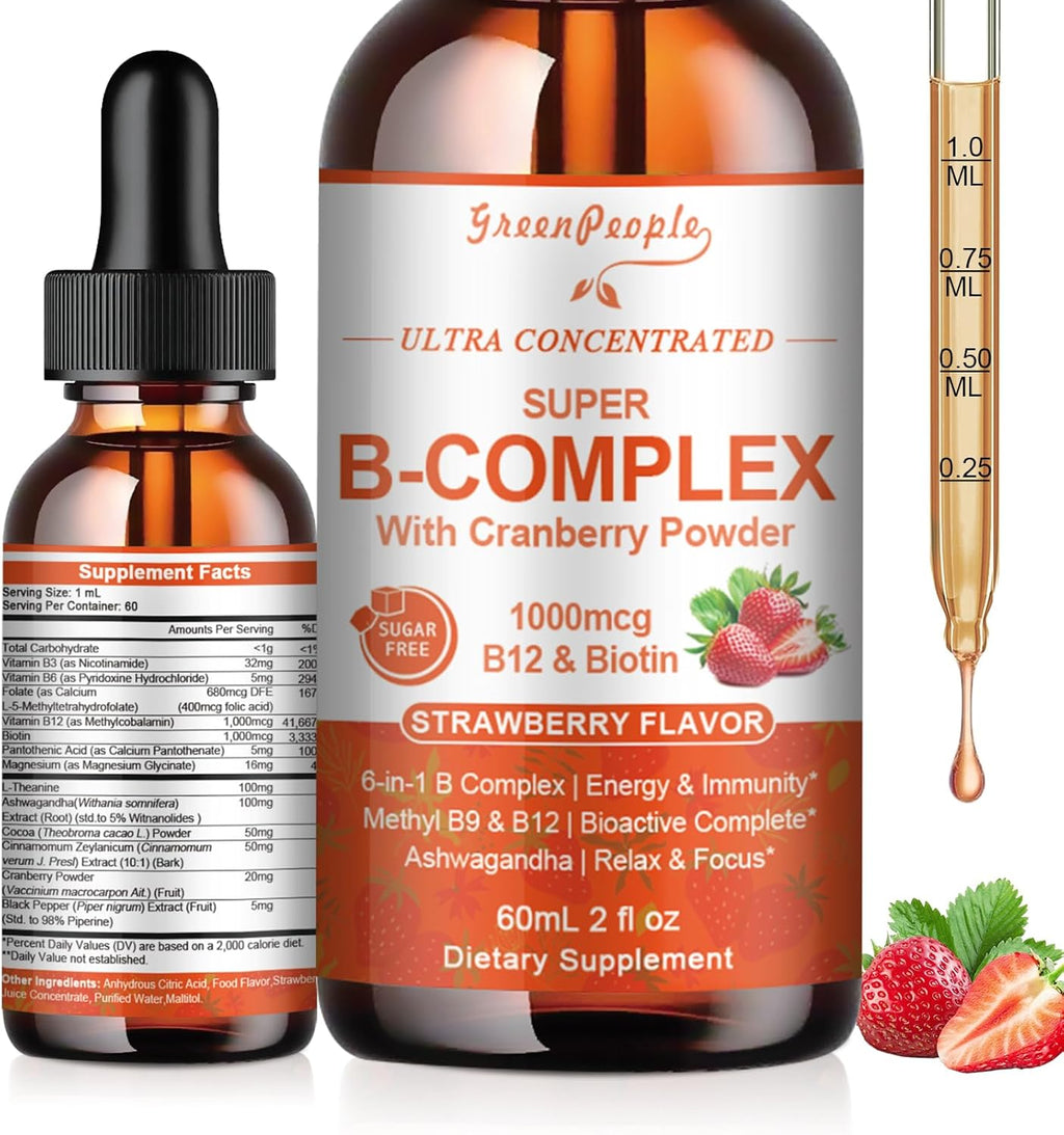 Super B Complex Liquid | B12 Methylcobalamin + Methyl Folate | B Vitamins Complex Liquid Drops with B3,B5,B6,B7, Ashwagandha & L-Theanine for Energy, Focus & Immunity, Vegan, 2fl Oz 2 Pack