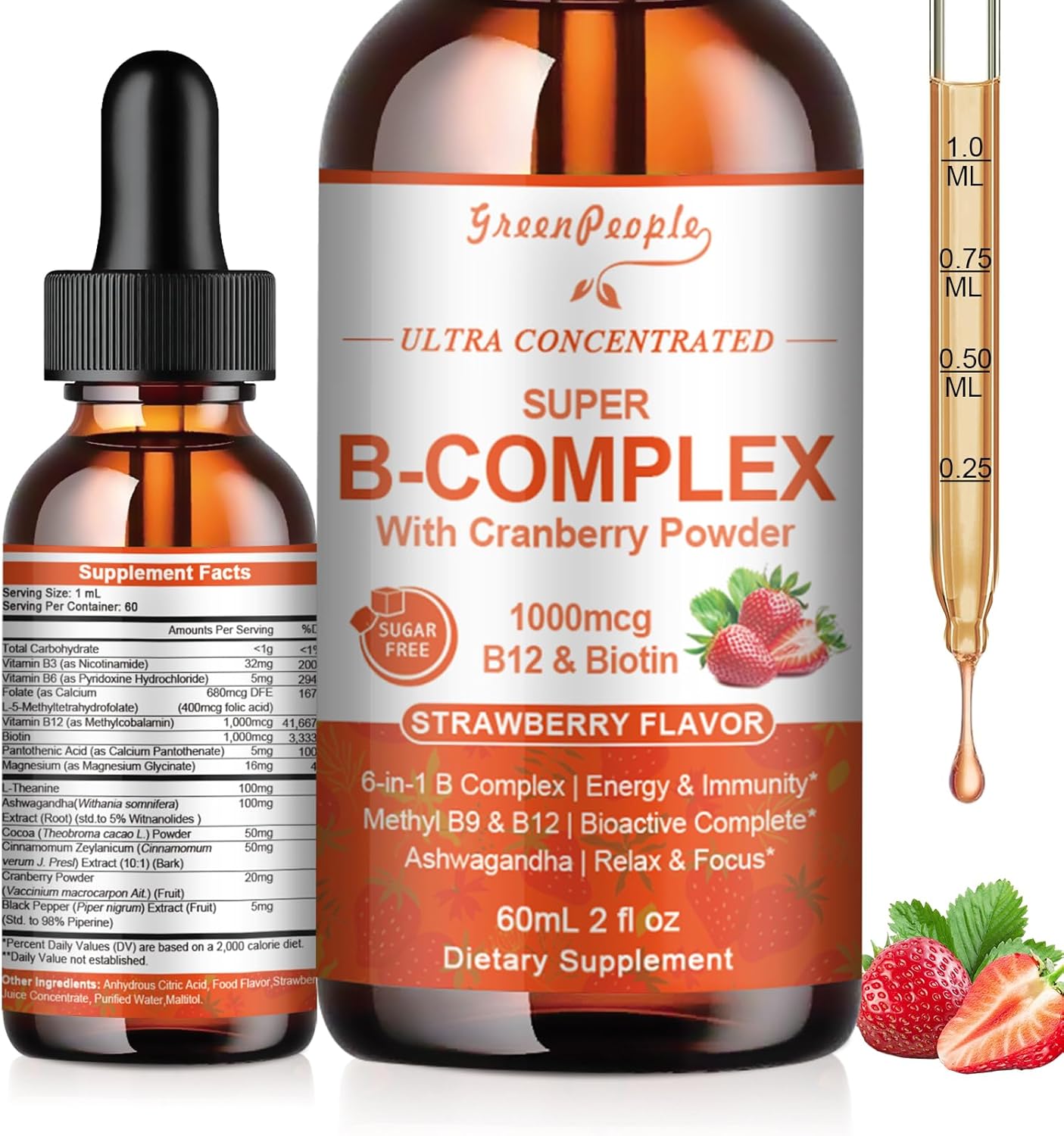 Super B Complex Liquid | B12 Methylcobalamin + Methyl Folate | B Vitamins Complex Liquid Drops with B3,B5,B6,B7, Ashwagandha & L-Theanine for Energy, Focus & Immunity, Vegan, 2fl Oz