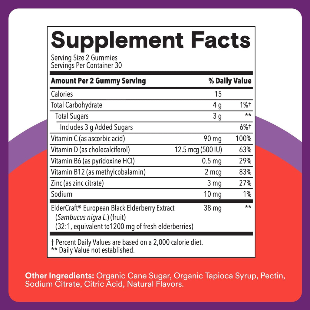 SmartyPants Kids Immunity Elderberry Gummies: Kids Immune Support Supplement, Vitamin C, Vitamin D, Vitamins B6 & B12 and Zinc, Gluten Free, Elderberry Flavor, 60 Count (30 Day Supply)