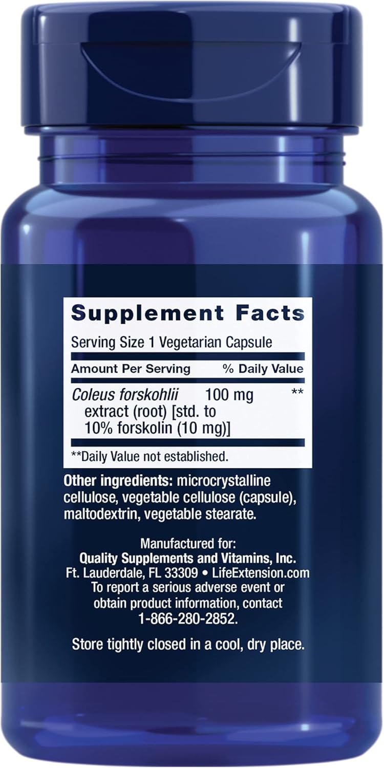 Life Extension Forskolin, Coleus forskohlii, Cellular Energy Health Support Supplement, 10 mg, standardized Extract, Non-GMO, Gluten-Free, Vegetarian, 60 Capsules, 1-2 Month Supply