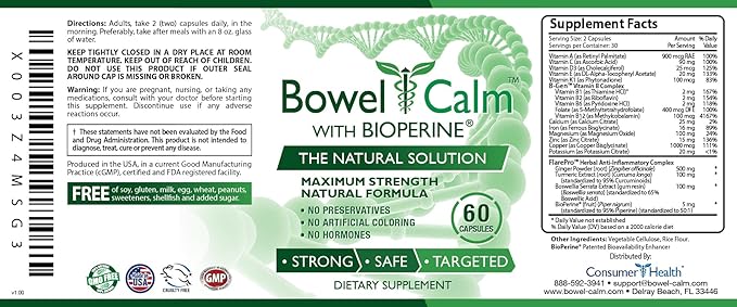 Bowel Calm - Soothe Intestinal Irritation - Ginger, Turmeric, Boswellia, BioPerine - 6 Month Supply