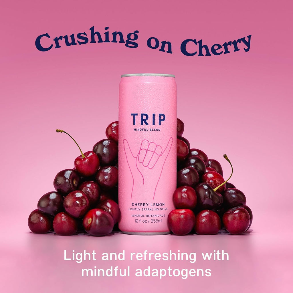 Trip Mindful Blend, Lightly Sparkling Adaptogen Seltzer, Mocktail w/ 120mg Magnesium Citrate with Ashwagandha, Lions Mane & L Theanine, No Added Sugar, Vegan, Cherry Lemon, 12 Oz, 12Pk