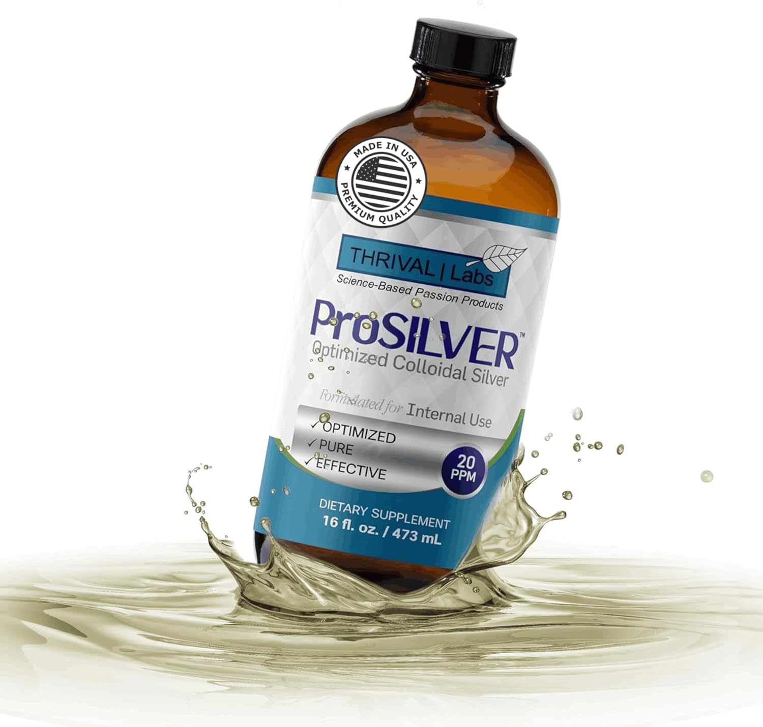 ProSILVER Blue Label 20 PPM True Colloidal Silver Liquid (16oz), Optimized Bio-Active Nano-Sized Liquid Silver for Immune Support, Dark Glass Bottle - Thrival Labs (Plata coloidal)
