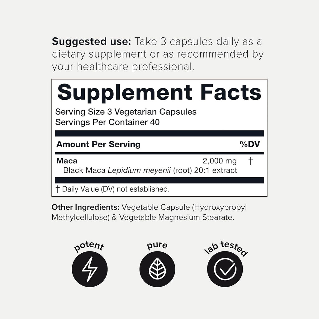 Black Maca Root - Ultra High Potency 20:1 Extract - Single Origin, Wildcrafted & Highly Concentrated - Third-Party Lab Tested - 120 Capsules