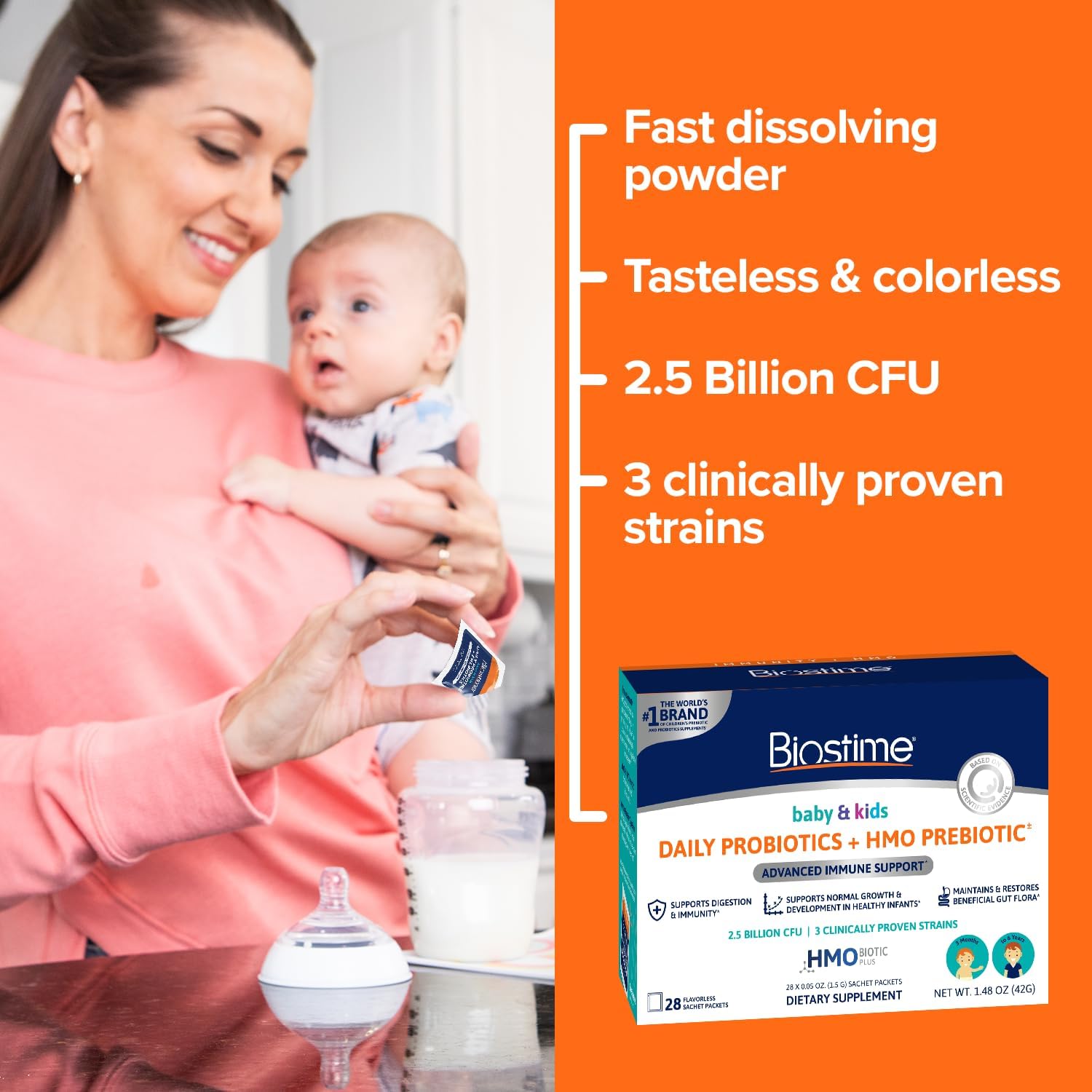 Biostime Baby Probiotic for Kids with HMO & Prebiotic Fiber | Immune Support | Constipation Relief and Digestion Support Probiotics for Kids, Toddlers and Infants - 28 Powder Packets