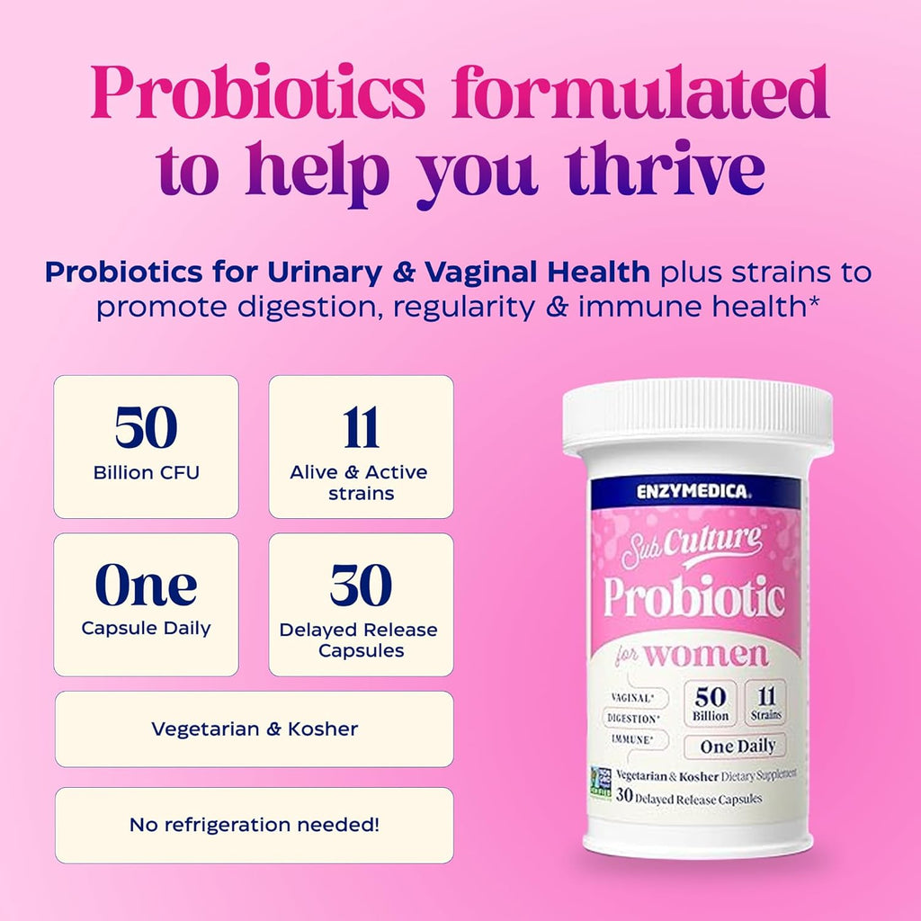 Enzymedica SubCulture Probiotics for Women, 50 Billion CFU, Vaginal & Urinary Health, Immune and Digestive Support, 30 Capsules, Pack of 2