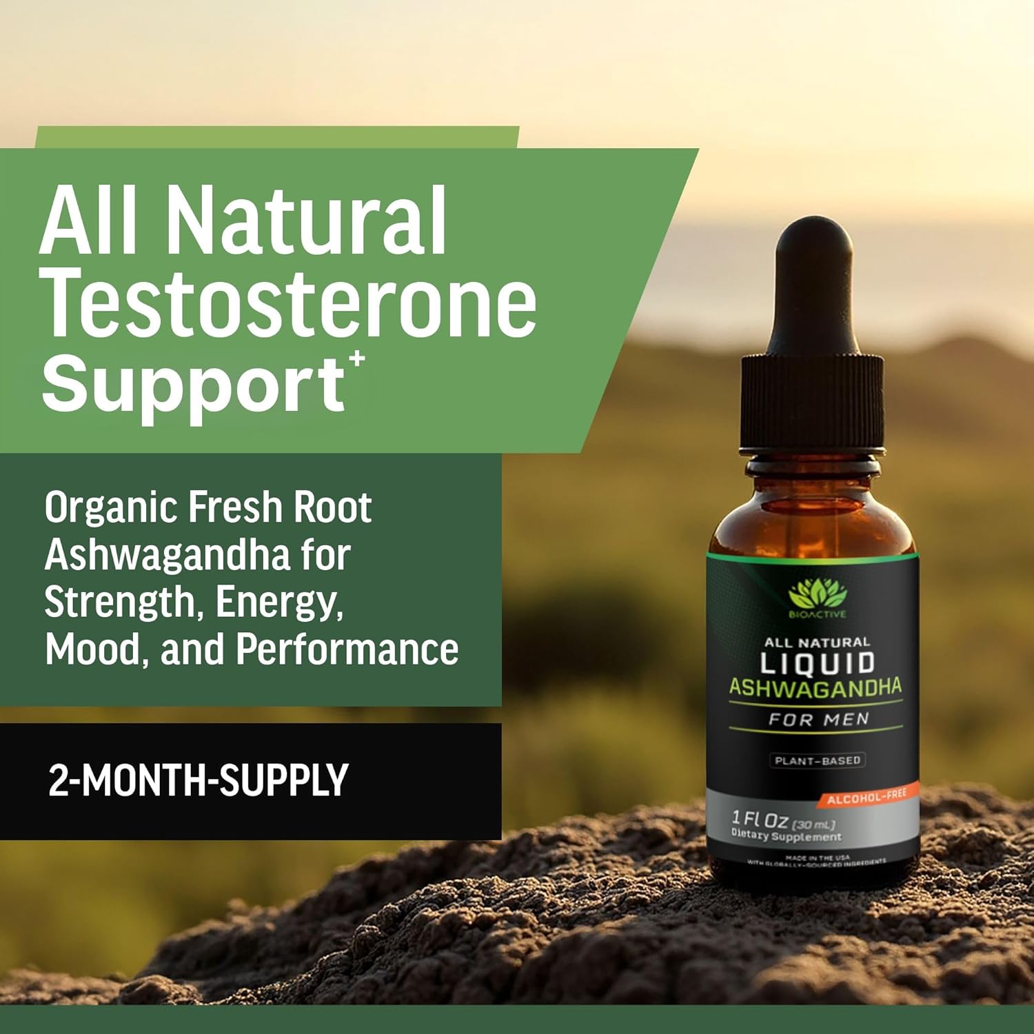 BIOACTIVE Liquid Ashwagandha Drops - Testosterone Health Supplement* - Adaptogen for Stress Support, Men’s Wellness - Organic, Herbal, Gluten Free, Non-GMO, 59 Servings (1 Oz, Unflavored)