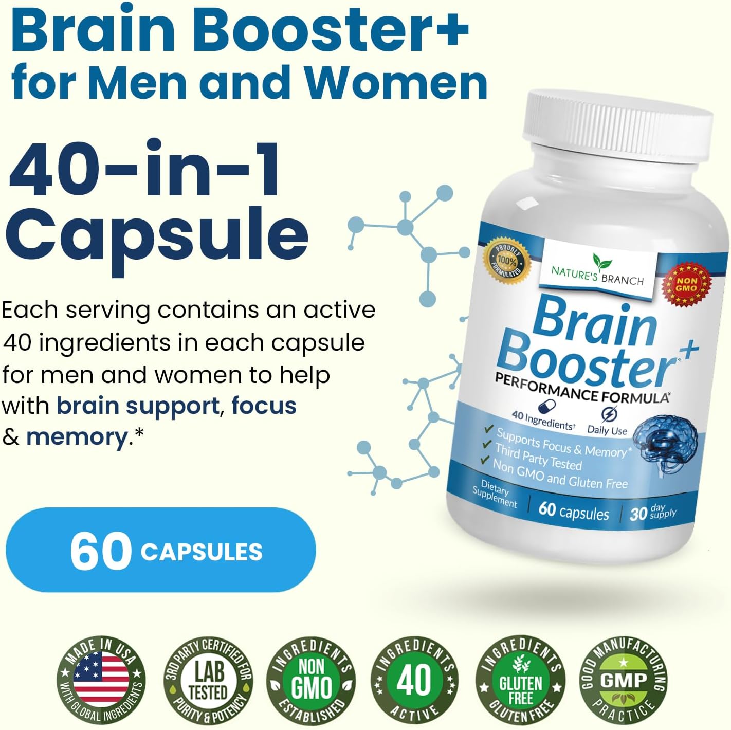 40-in-1 Brain Booster Supplement for Focus, Memory, Clarity, Energy | Advanced Vitamins Plus eBook | for Men & Women, Cognitive Function Nootropic Support with DMAE, Mind Health Formula | 60 Capsules