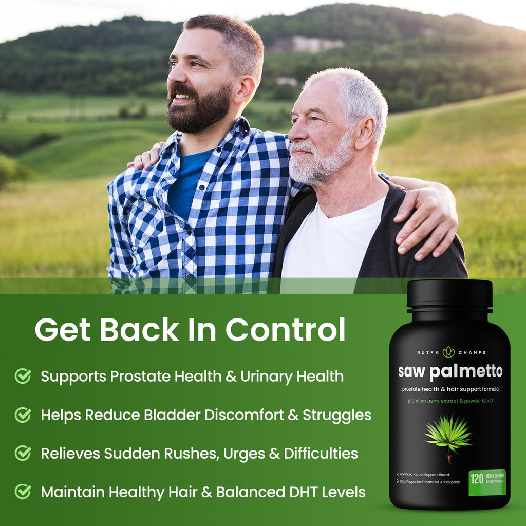 NutraChamps Saw Palmetto Supplement for Prostate Health [Extra Strength] 600mg Complex with Extract, Berry Powder & Herbs - Supports Healthy Urination Frequency, 120 Capsules