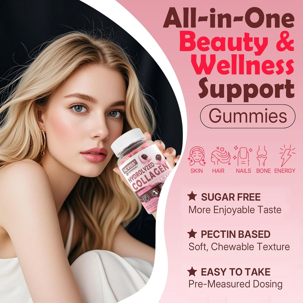 Collagen Peptides Gummies for Women & Men, Hydrolyzed Collagen (Type I,II,III,V,X) w/ 5000IU Vitamin D3 & Biotin Keratin, Multi Collagen Supplement Gummy for Healthy Aging, Skin Hair-Sugar Free, 60Cts