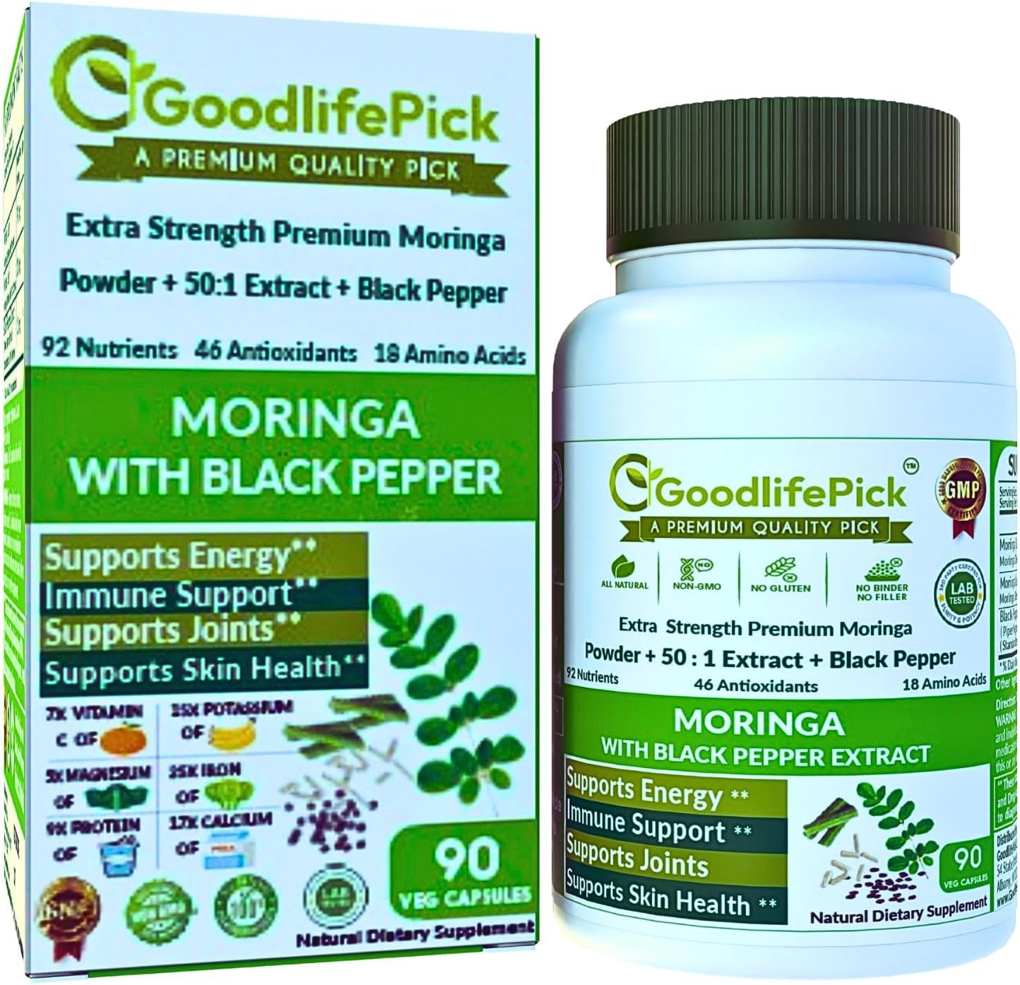 Premium Moringa Capsules with Black Pepper. Moringa Oleifera Powder & 50:1 Moringa Extract for Maximum Benefits 90ct All Natural NonGMO No Rice Powder No Stearate No Silicon Vegan