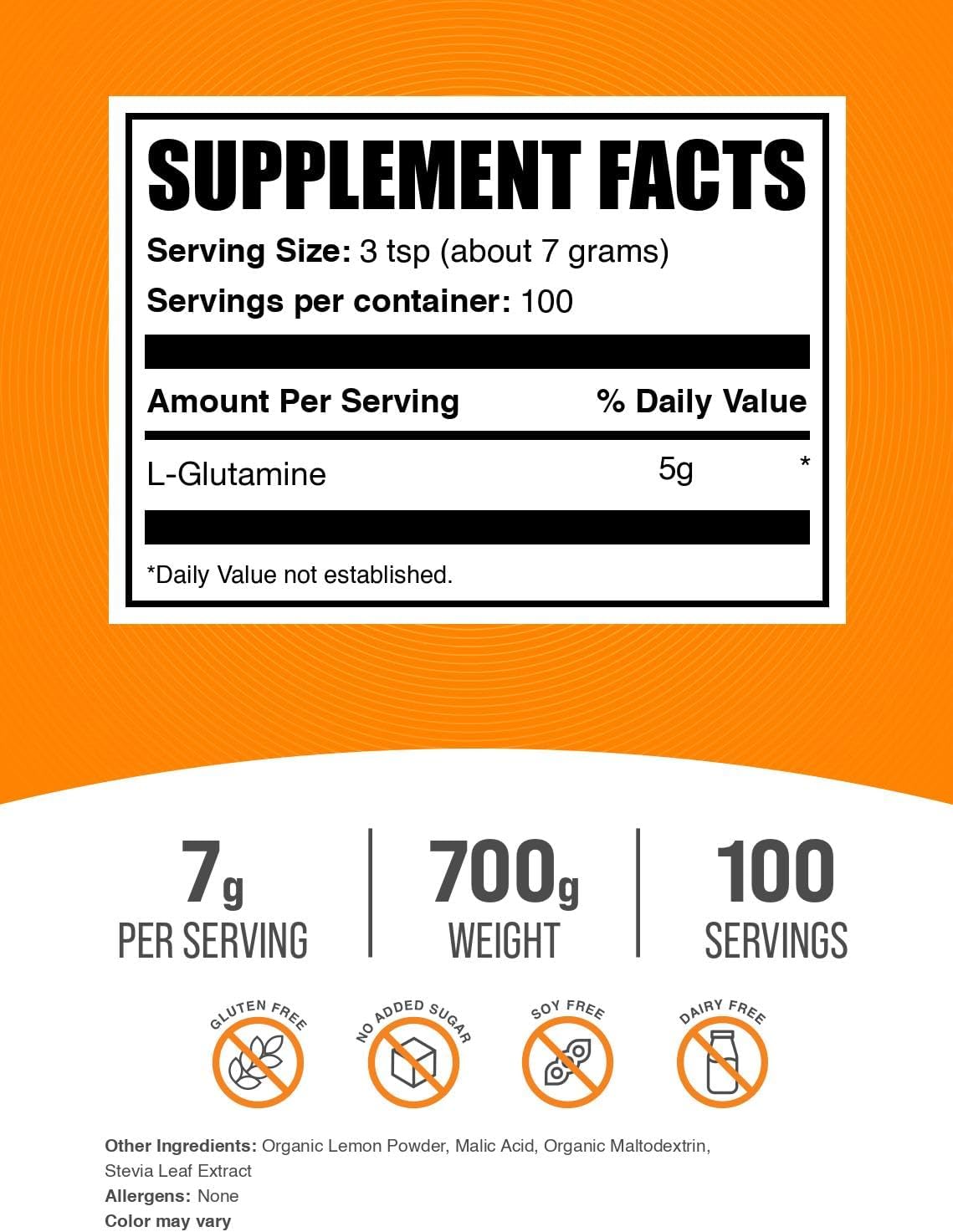 BulkSupplements.com L-Glutamine Powder - Glutamine Supplement, Amino Acid Supplement - Lemon Italian Ice Flavor, 7g per Serving, 700g (1.5 lbs) (Pack of 1)