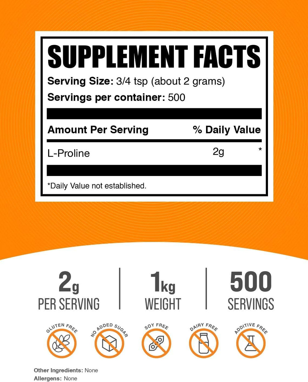 BulkSupplements.com L-Proline Powder - Proline Supplements, Amino Acid Powder - Unflavored & Gluten Free, 2g per Serving, 1kg (2.2 lbs) (Pack of 1)