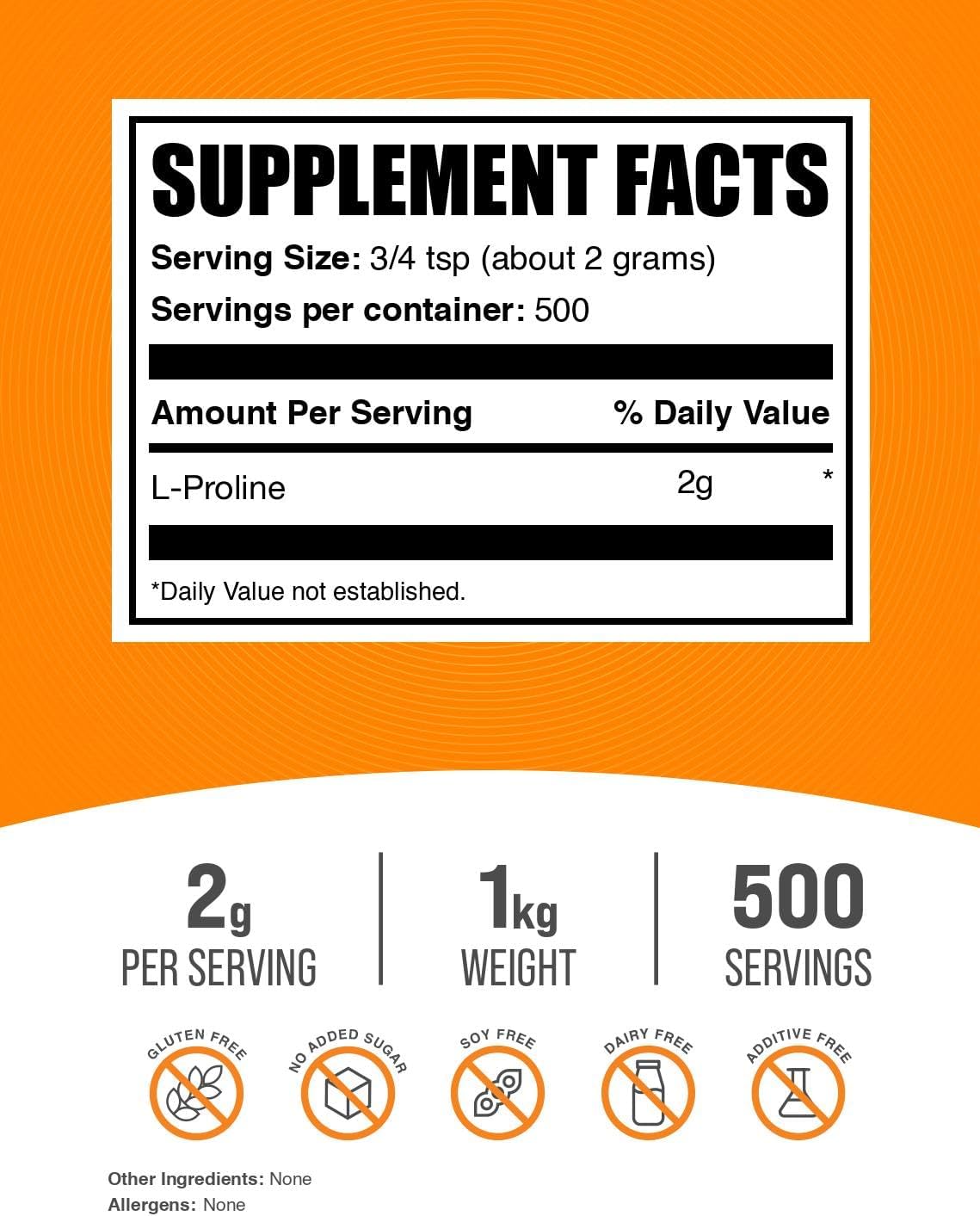 BulkSupplements.com L-Proline Powder - Proline Supplements, Amino Acid Powder - Unflavored & Gluten Free, 2g per Serving, 1kg (2.2 lbs) (Pack of 1)