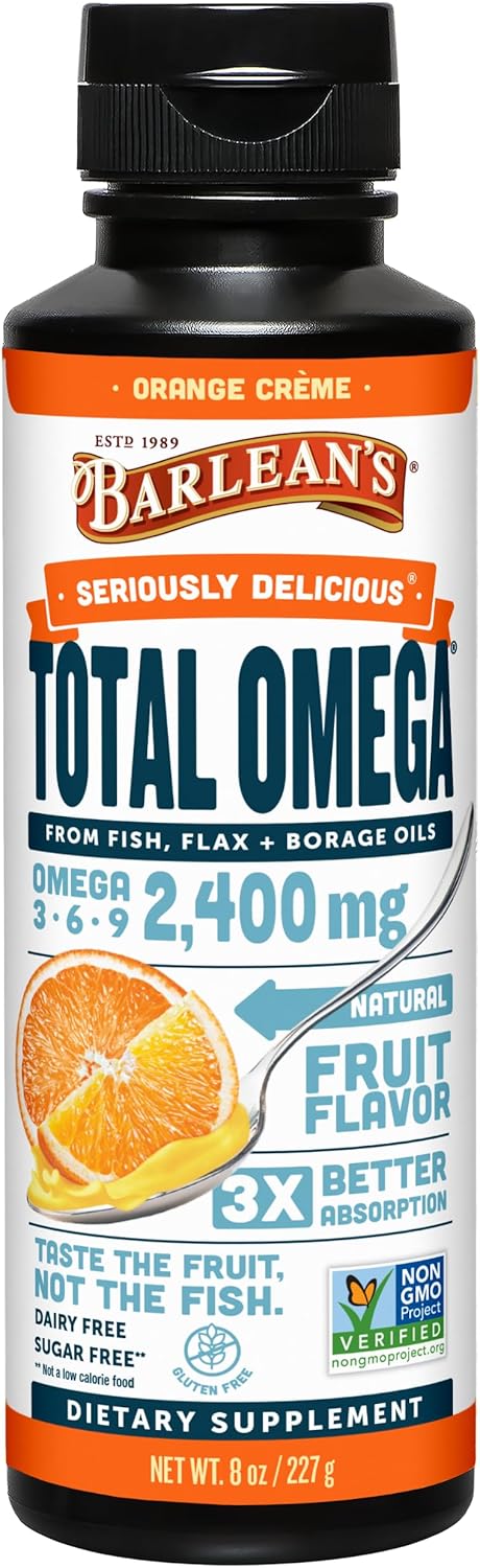 Barlean's Total Omega 3 6 9 Orange Crème Liquid Fish Oil Supplement with Borage and Flaxseed Oil, 2,400 mg of Omegas EPA and DHA Plus GLA for Joint and Heart Health, 8 oz