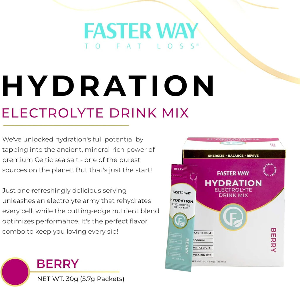 Faster Way - Hydration - Electrolyte Drink Mix - with Apple Cider Vinegar, Choline, Probiotics & Natural B Vitamins - Energize & Revive - Powder Packets - Zero Sugars - Gluten Free - Berry - 30 Pack