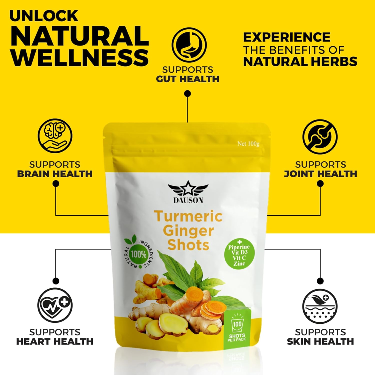 Turmeric Ginger Supplements with Piperine, Vitamin C, Vitamin D3 & Zinc | Turmeric Ginger Shots for Joint, Heart, Brain, Gut & Skin Health | 100 Servings | Ayurvedic | Powder
