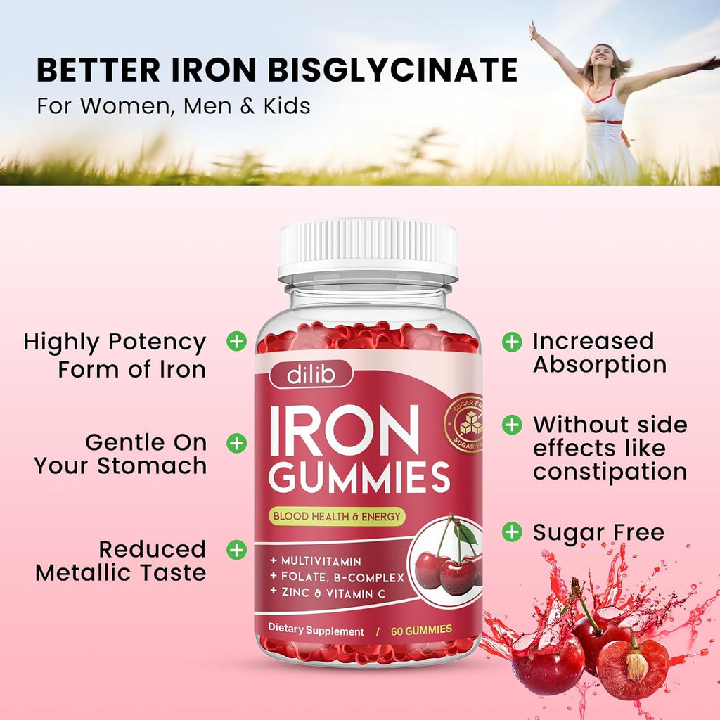 Iron Gummies with Multivitamin, Iron Supplement for Women & Men, Kids Multivitamin with Iron, Zinc, Vitamin B Complex & C, B12, Folate - Blood Builder, Energy Support, Cherry Flavor, Vegan 120 Gummies