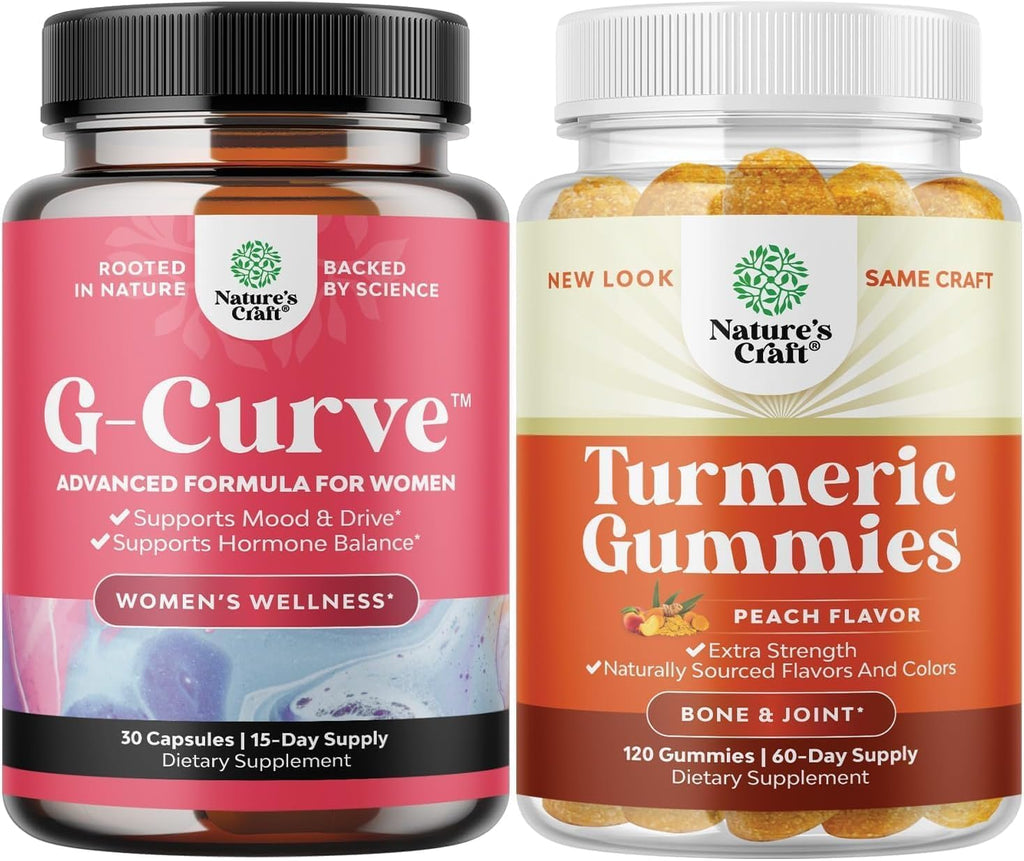 Bundle of G Curve Horny Goat Weed for Women for Enhanced Energy Mood and Performance and Turmeric Gummies for Adults Peach Flavor - Extra Strength Joint Support Gummies