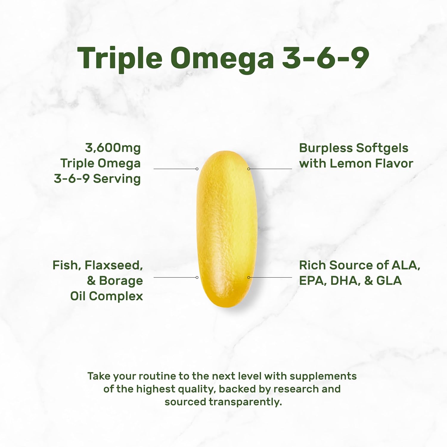 Triple Omega 3-6-9 Fish Oil Supplements 3,600mg – 240 Softgels with Flaxseed Oil & Borage Oils Complex – High EPA + DHA – Burpless Pills, Lemon Flavored, Wild Caught – Heart, Joint, & Brain Support