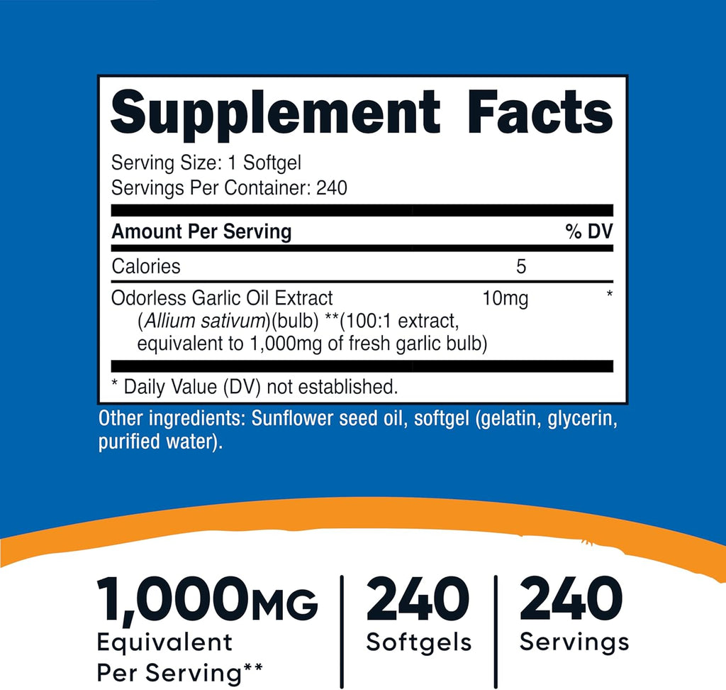 Nutricost Garlic 1000mg, 240 Softgels - Odorless, Premium Gluten Free Supplement
