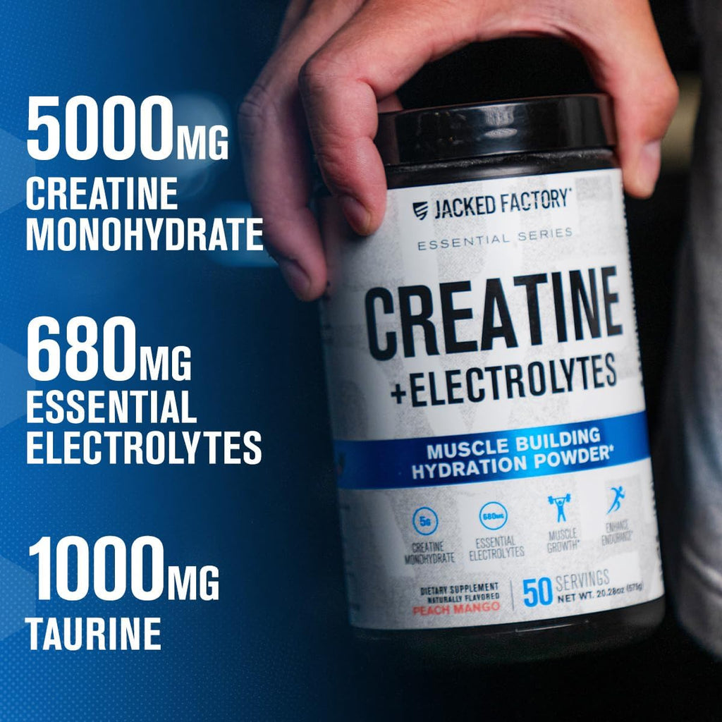 Jacked Factory Creatine + Electrolytes - Creatine Monohydrate with Taurine, Calcium, Sodium, & Potassium to Increase Muscle Growth, Strength, Hydration, & Endurance - 50 Servings, Blue Raspberry