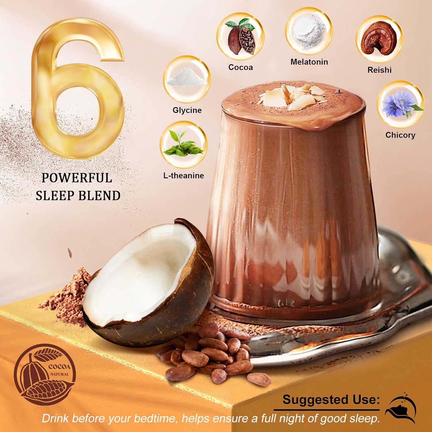 Mushroom Hot Cocoa, Adaptogenic Mushroom with Reishi, L-Theanine, Chicory, Melatonin & Glycine, Melatonin, Sleep Hot Cocoa Supplement for Sleep and Stress Support, 25 Servings 1 Pack