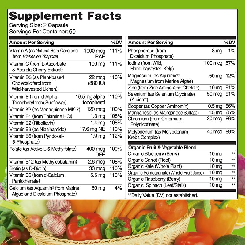 All Natural Multivitamins & Minerals + B Complex + Calcium + Magnesium + Zinc, 100% Vegan Sourced Whole Food Supplement, Complete Nutritional Support for Men & Women- 120 Capsules, 60 Day Supply