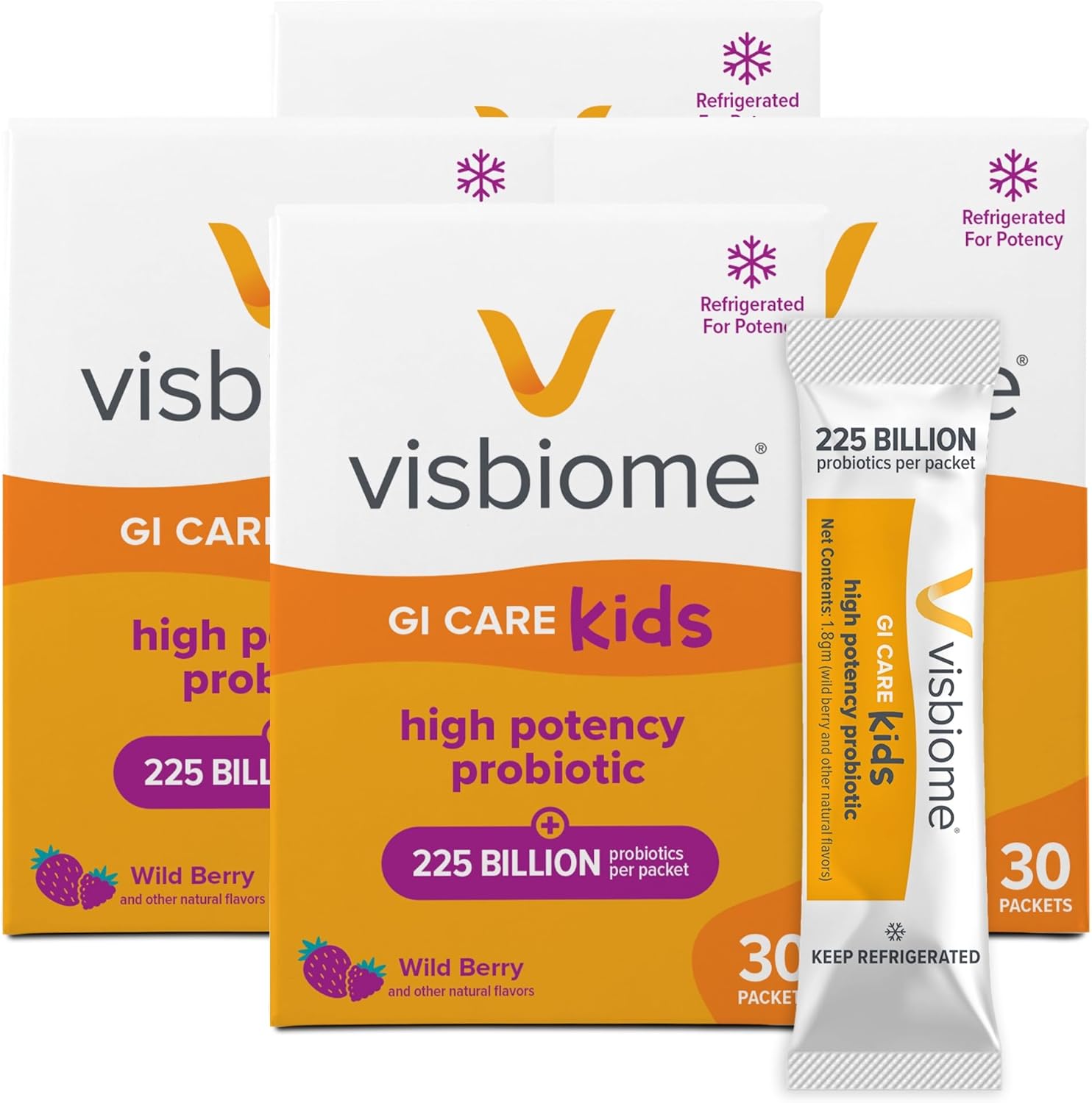 Visbiome® GI Care Kids - High Potency Probiotic for IBS & UC Symptoms - Wild Berry Flavor, No Dyes- 225 Billion CFU Live Probiotics for Children, Cold Chain Shipping, 120 Packets