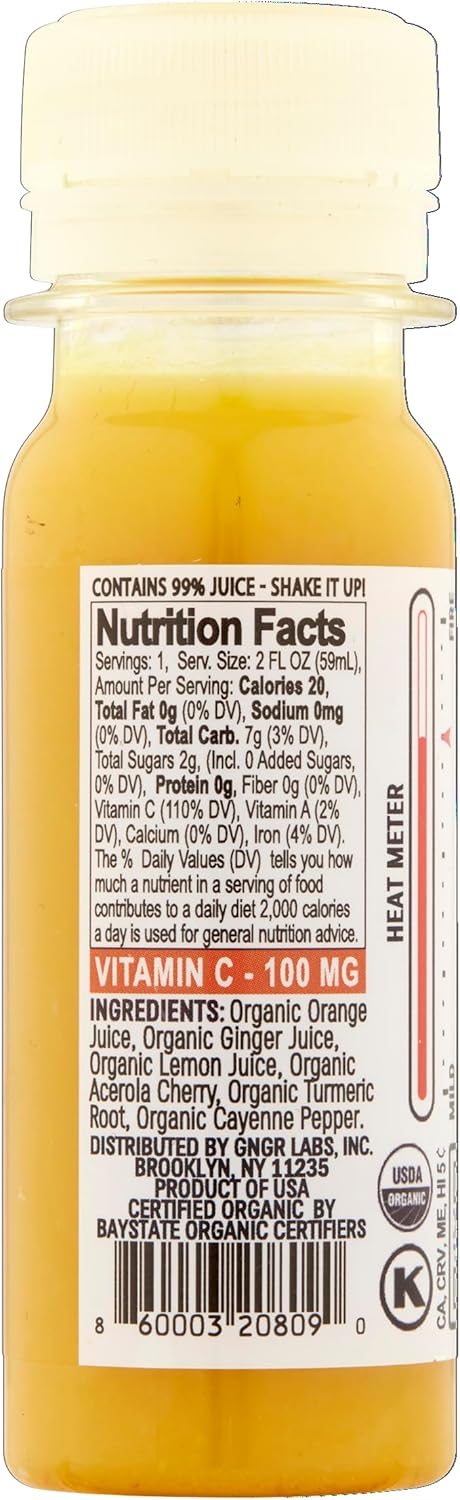 +GNGR Vitamin C Immunity Booster Cold-Pressed Ginger Shot with Turmeric, Cayenne, Acerola, Immunity Shot with Peruvian Ginger Juice for All Natural Immune & Digestive Support 2 fl oz (Pack of 12)