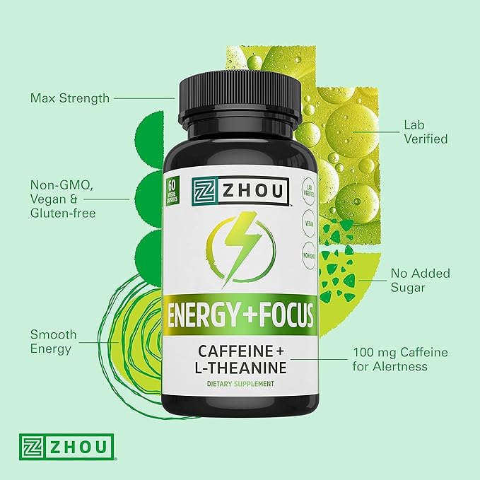 ZHOU Brain & Energy Support Bundle - Nootropic Brain Supplement for Memory & Focus, 200mg L-Theanine & 100mg Caffeine Pills, Natural Caffeine Boost - Energy + Focus (60 Caps) & Neuro-Peak (30 Caps)