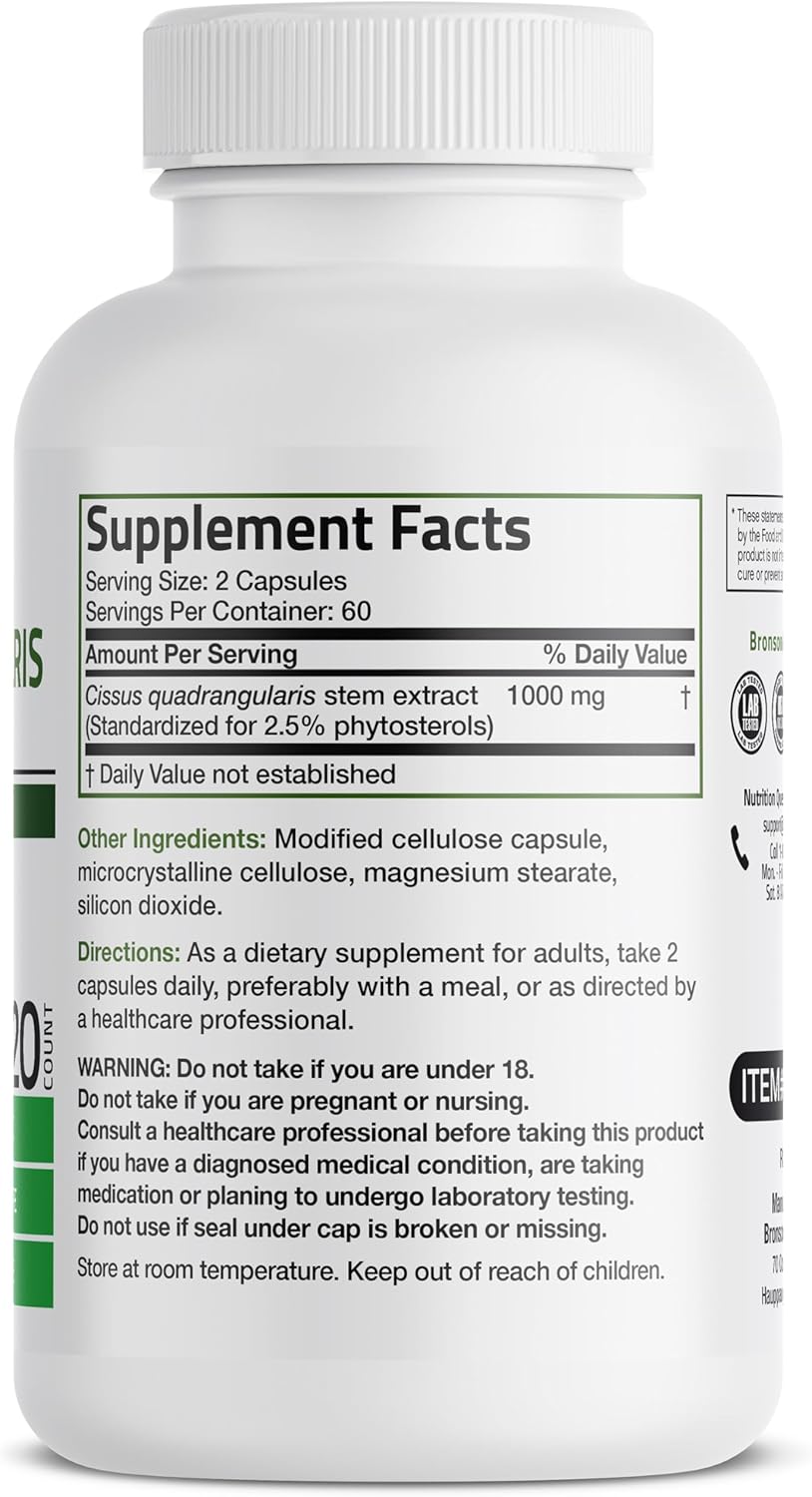 Bronson Cissus Quadrangularis Extract 1000 mg Capsules - Strong Bones & Healthy Joints - Non-GMO, 120 Vegetarian Capsules