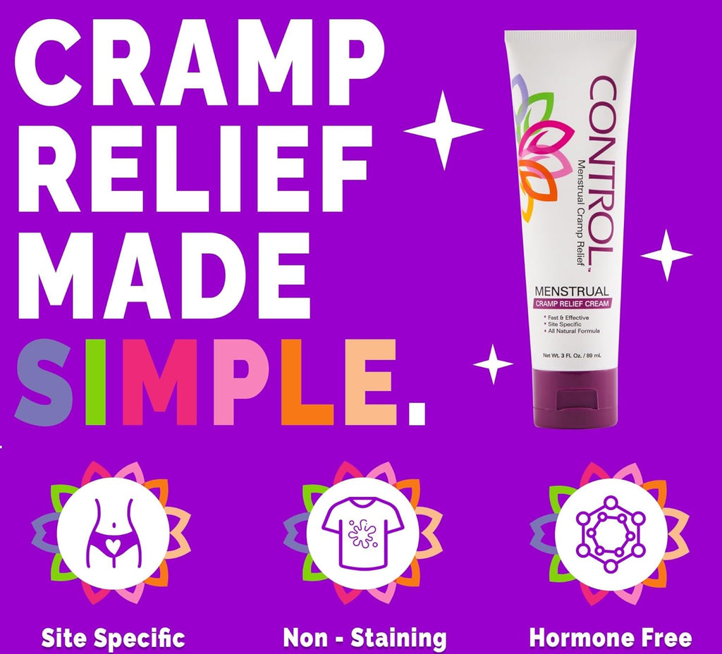 CONTROL, Menstrual Cramp Relief Cream, Topical Pain Relief for Period Cramps and PMS, Period Relief Products, Fast and Effective, Easy to Use, Safe for All Ages, Hormone Free, All Natural, 3 oz Tube.