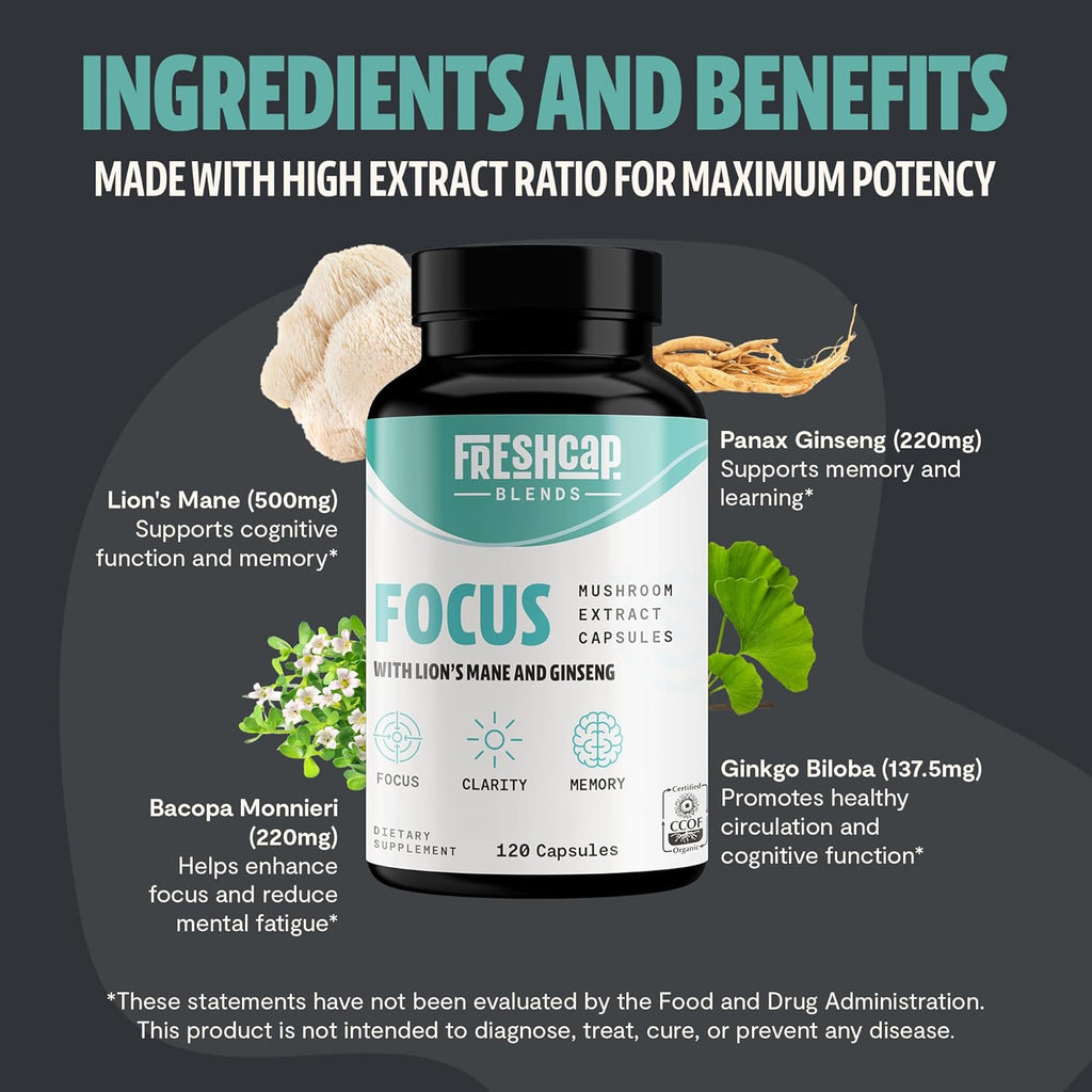 FreshCap 4-in-1 Focus Supplement - Supplements for Memory and Focus - Memory Supplement for Brain, Brain Booster Supplement, Lions Mane Extract, Ayurveda Ginseng (120 Capsules)