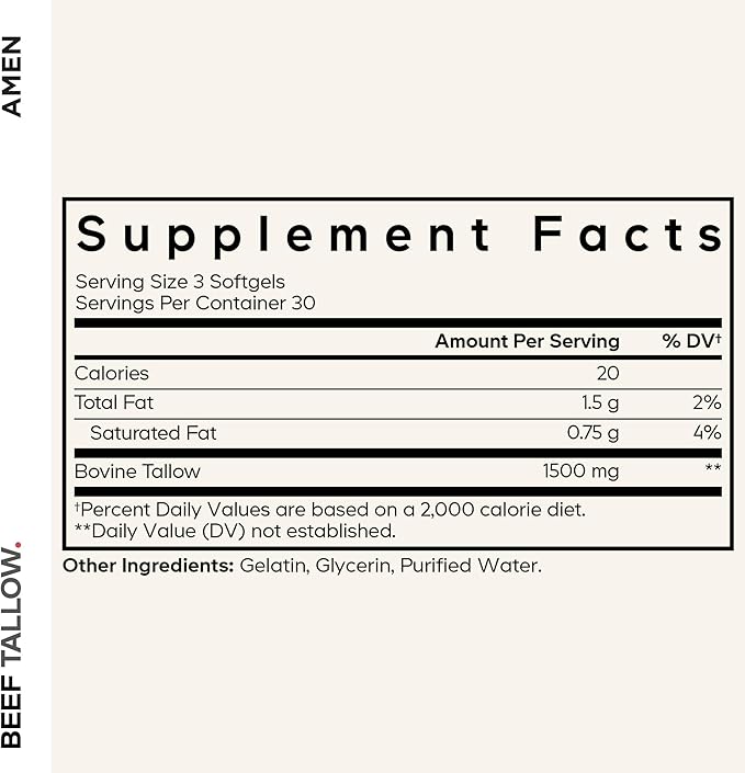 Amen Beef Tallow Supplement - Grass-Fed Beef Tallow Vitamins & Nutrients - Whole-Food, Paleo Diet - Bovine Tallow - Minerals - Skin Support - Non-GMO, Gluten-Free - 90 Softgel Capsules