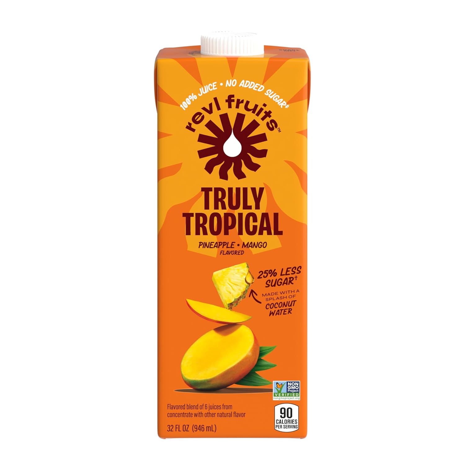 Revl Fruits 100% Juice, No Added Sugar, Pineapple Mango, Truly Tropical, 32 fl oz. Carton