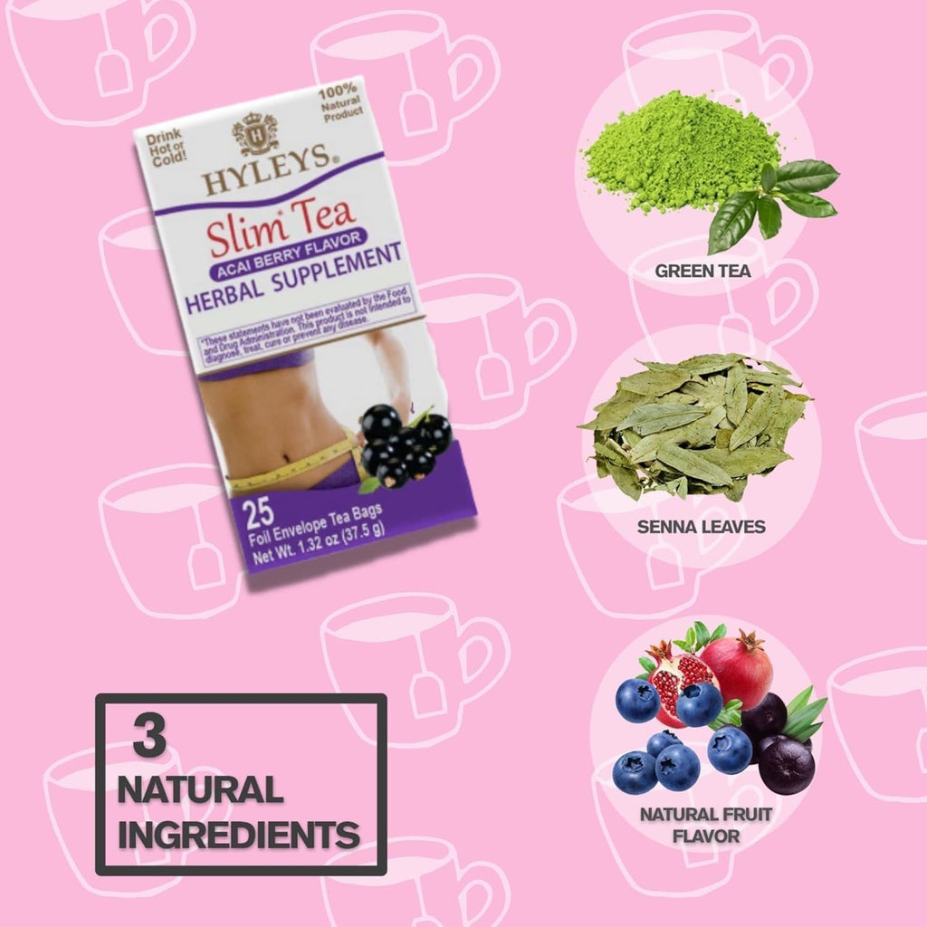 Hyleys Slim Tea Acai Berry Flavor - Weight Loss Herbal Supplement Cleanse and Detox - 25 Tea Bags (6 Pack)