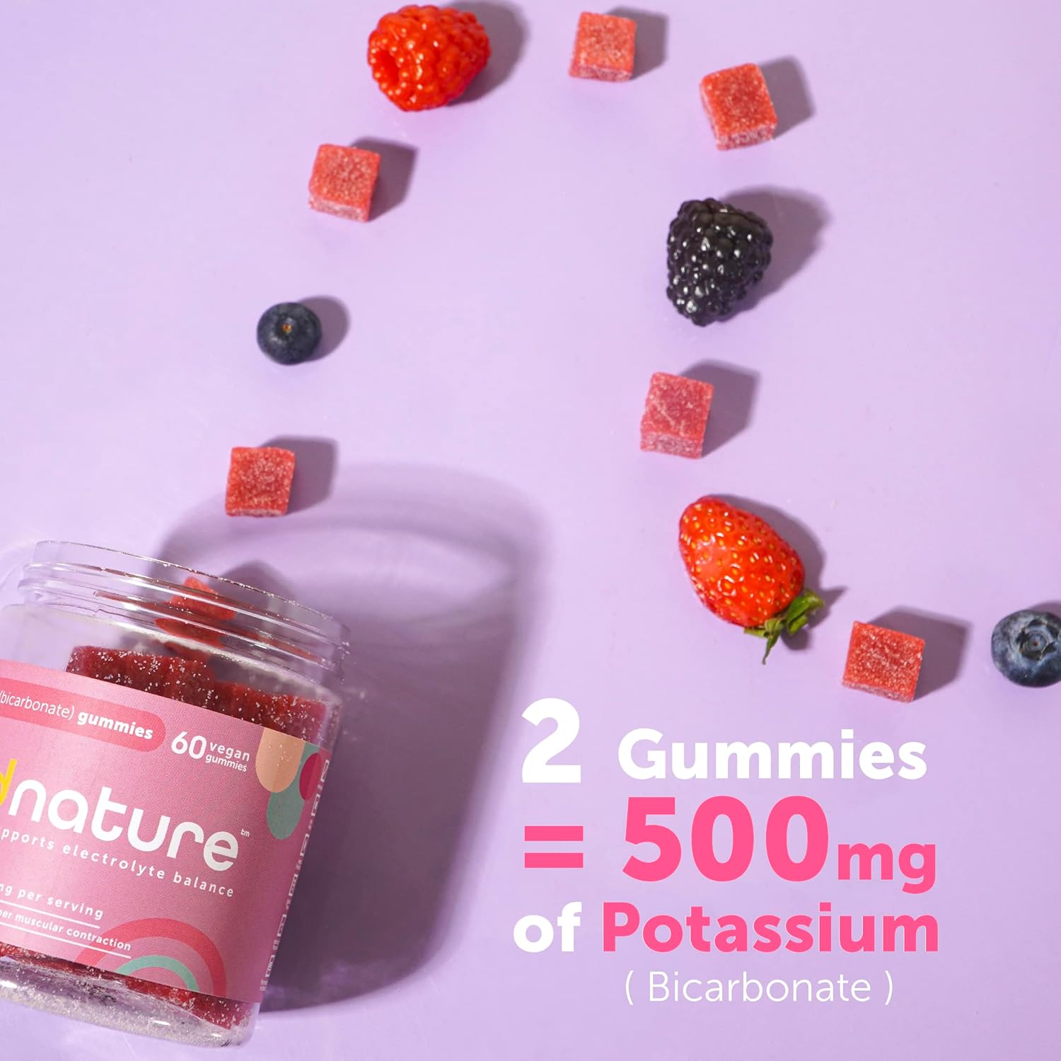 KINDNATURE High Potassium Supplement Gummies 500mg - Chewable for Adults & Kids - Pure Potassium Bicarbonate Mineral Supplement - Vegan, Gluten Free, Non GMO - 60 Gummies (30 Day Supply)