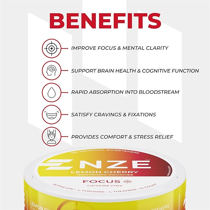 NZE Caffeine Free Nootropic Pouches (Lemon Cherry) - Nootropic Pouches with Alpha GPC, L-Tyrosine & L-Theanine - No Sugar or Artificial Sweeteners - 15 Pouches Per Can - 5 Pack