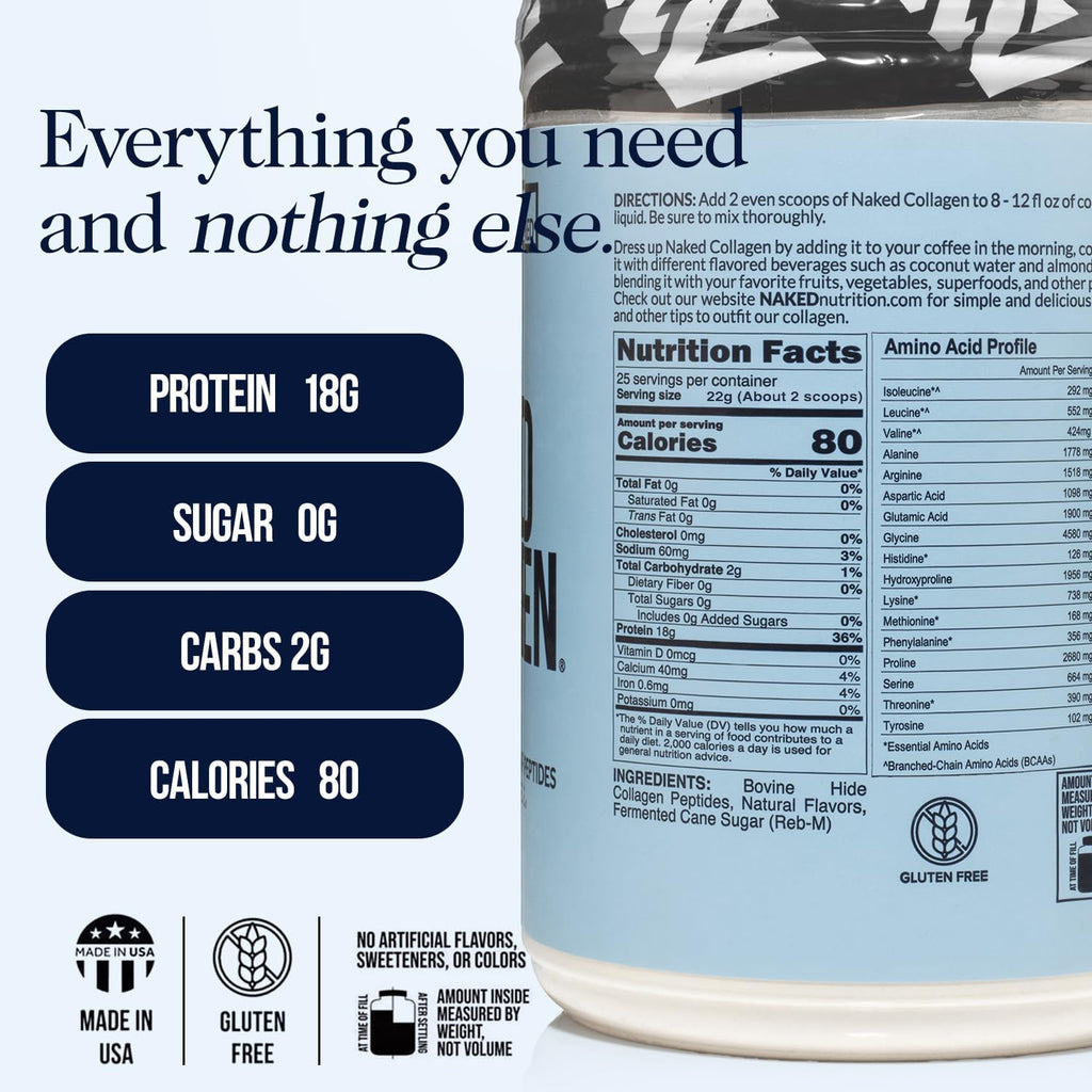 NAKED Vanilla Collagen Peptides Protein Powder, 25 Servings, Pasture-Raised, Grass-Fed Hydrolyzed Collagen Supplement, Paleo Friendly, Non-GMO, Keto, Gluten Free, 19.4oz