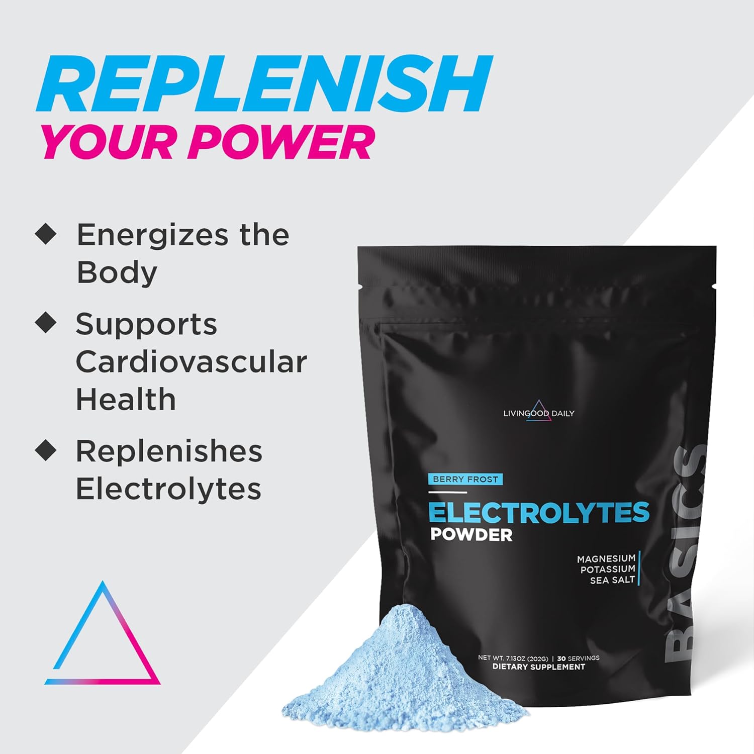 Livingood Daily Electrolytes Powder, Electrolytes Hydration Drink Mix with Vitamin C, Magnesium, Taurine & Sea Salt, Electrolyte Supplement for Energy & Hydration, Keto, Berry Frost Flavor, 30 Srvgs