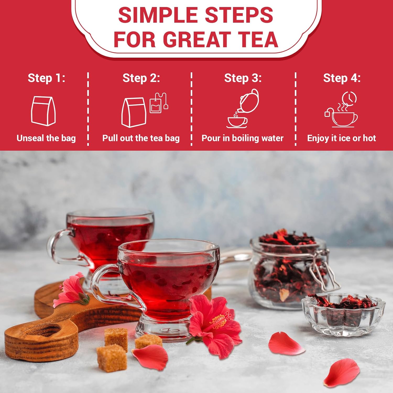 Hibiscus Tea Bags, Hibiscus Flower Herbal Tea - Rich in Vitamin C, Caffeine Free,Sugar Free, 60 Teabags