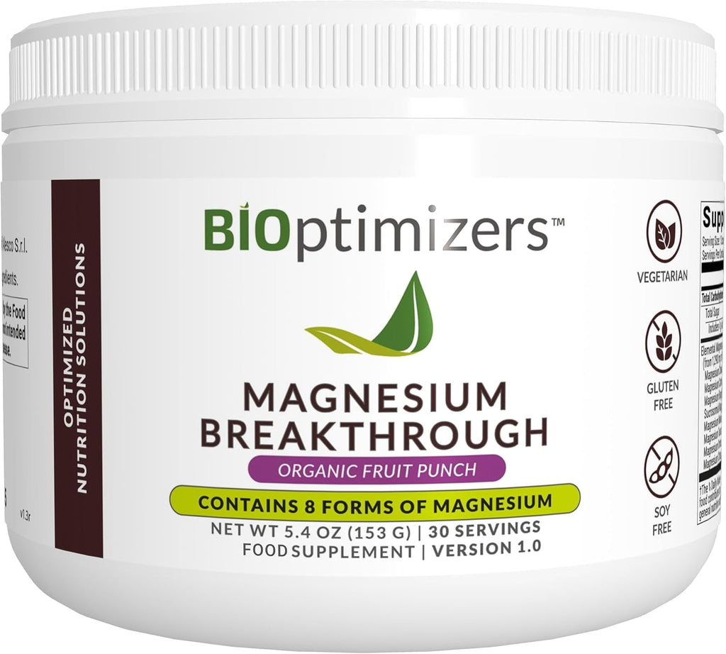 BIOptimizers Magnesium Breakthrough Drink - 8 Forms of Magnesium, Electrolytes, Sleep Health, Stress, Muscle Recovery, Heart Support | Glycinate, Citrate, Malate - Fruit Punch