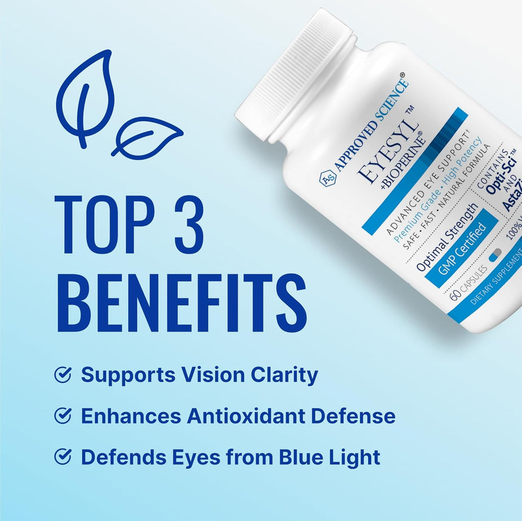 Approved Science EyeSyl - Eye Support Supplement - Chromium Picolinate, Taurine, Lutein, Zeaxanthin, Bilberry, BioPerine - 1 Month Supply - 60 Capsules - Made in The USA