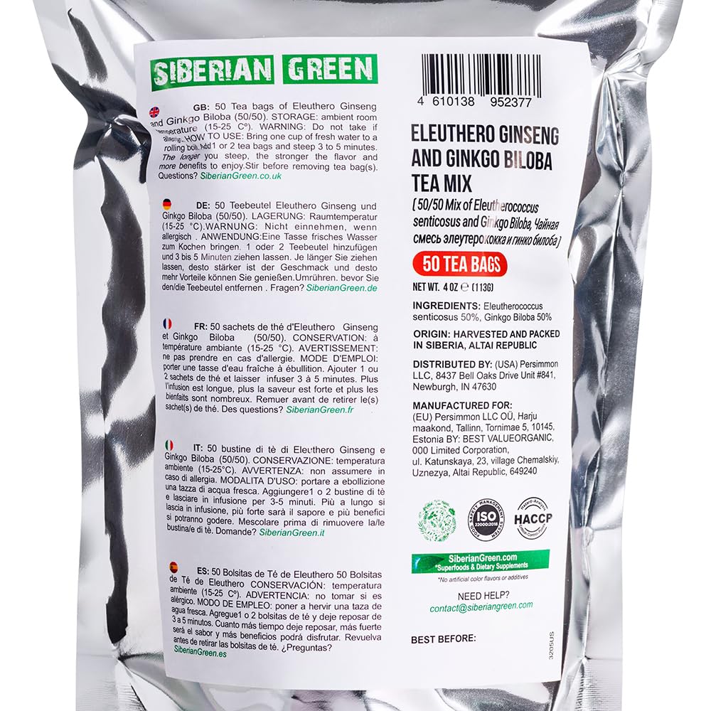 Siberian Green Ginkgo Tea Bags with Ginseng Root Mix – 50Pcs Natural Pure Eleuthero Tea from Siberia – Non-GMO, No Fillers Infusion Bags – Equal Plant Ratio – Convenient and Easy to Brew