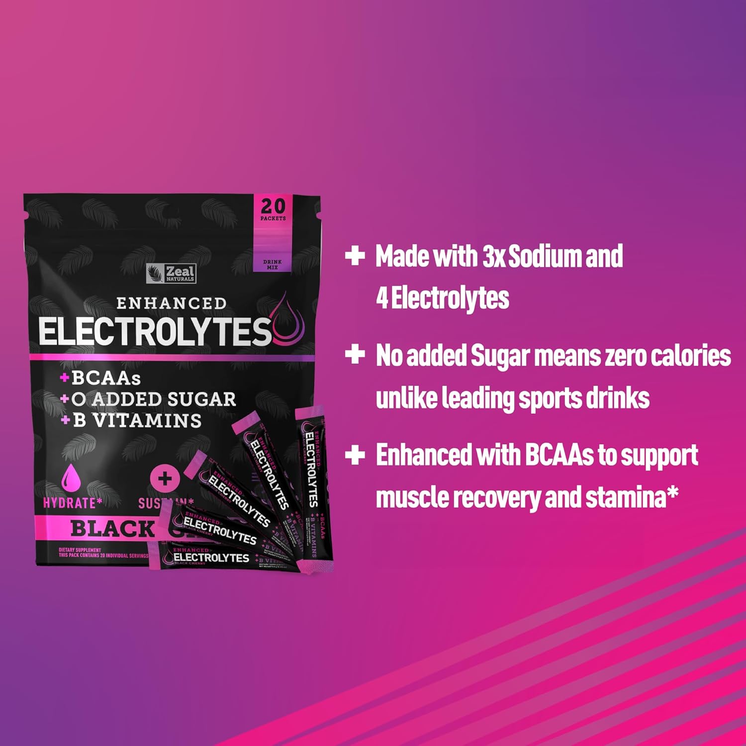 Enhanced Electrolyte Powder Stick Packs (Black Cherry | 20 Packets) w/ 0 Sugar +BCAAs +B-Vitamins Electrolyte Supplement w Potassium Zinc & Magnesium for Hydration - Keto Electrolytes